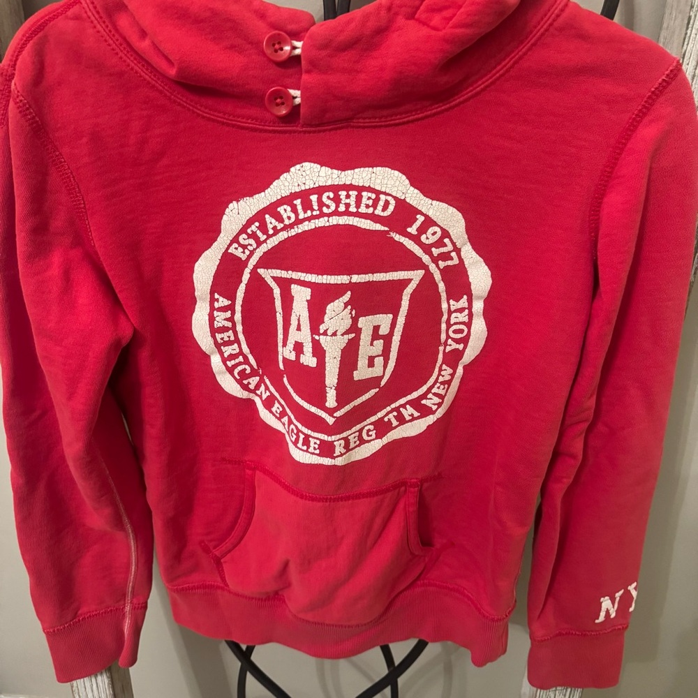 American Eagle Red Hoodie Women’s Small AEO Crest Logo 2000s Y2K